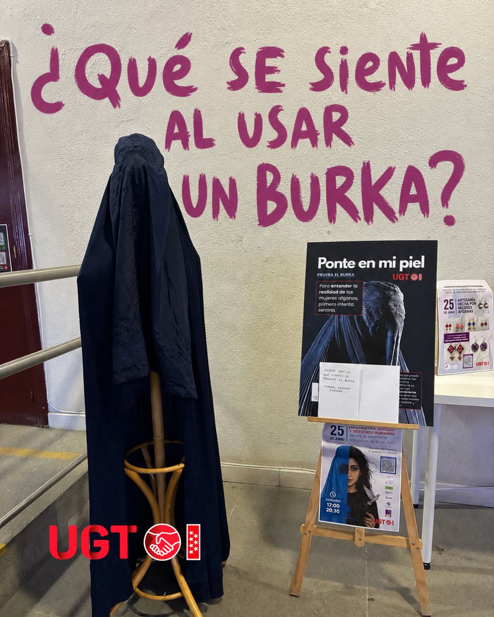UGTMadrid's tweet photo. 💜 Un burka. Unos minutos. Una experiencia que dejó sin palabras a quienes se lo probaron.

Para millones de mujeres afganas no es una prueba: es una imposición que simboliza la pérdida de derechos y libertades.

✊ No las olvidemos. #MujeresAfganas #DerechosHumanos #UGTMadrid https://t.co/HjijYD5yql