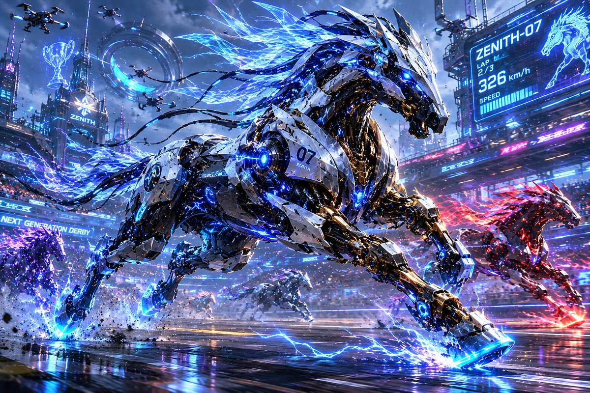 Metafatest's tweet photo. This mecha horse looks like it came straight out of the next generation of racing. Absolutely incredible. 🏁🐎⚙️
#MechaHorse #FutureRacing #SciFi #RobotHorse #3DArt https://t.co/zQhaPdLNYE