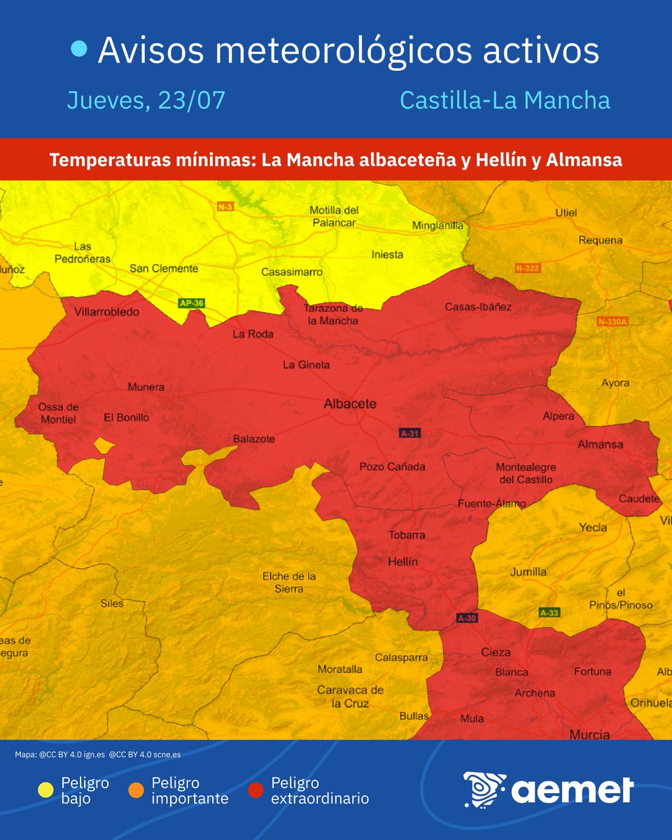 AEMET_Esp's tweet photo. 🔴 AVISOS ROJOS | Temperaturas máximas muy altas. Jueves 23.  

➡️ 42 °C  o más en litorales sur de Valencia y Alicante, La Mancha albaceteña, y zona de Hellín y Almansa.  

➡️ Más de 44 °C en Vega del Segura y Valle del Guadalentín, Lorca y Águilas.  

⚠️ Peligro extraordinario. https://t.co/Rwm67LI01u
