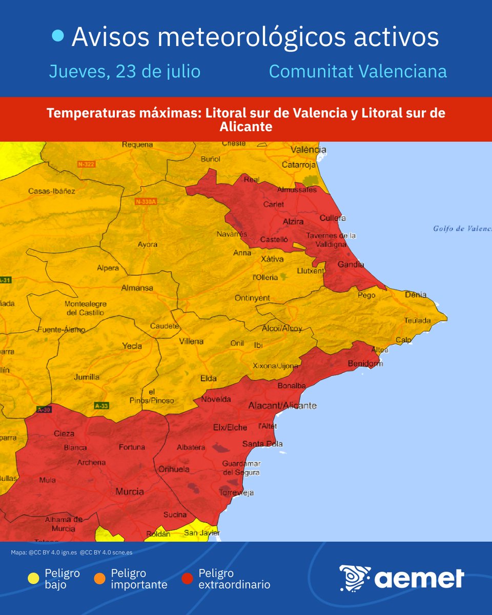 AEMET_Esp's tweet photo. 🔴 AVISOS ROJOS | Temperaturas máximas muy altas. Jueves 23.  

➡️ 42 °C  o más en litorales sur de Valencia y Alicante, La Mancha albaceteña, y zona de Hellín y Almansa.  

➡️ Más de 44 °C en Vega del Segura y Valle del Guadalentín, Lorca y Águilas.  

⚠️ Peligro extraordinario. https://t.co/Rwm67LI01u
