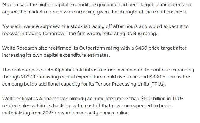 Levi2v2y's tweet photo. $GOOGL
This sell-off was excessive. Higher capital expenditures are seen as a long-term AI investment, and huge TPU demand and cloud computing growth are expected to drive future gains. 🚀 https://t.co/oeLxF7N79A