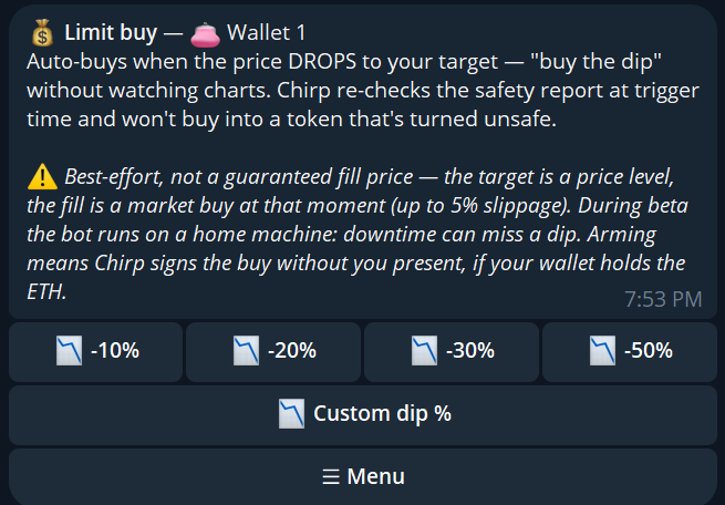 ChirpTradeApp's tweet photo. Limit Buy Orders (DCA) is now live https://t.co/xp9y5vCgC0