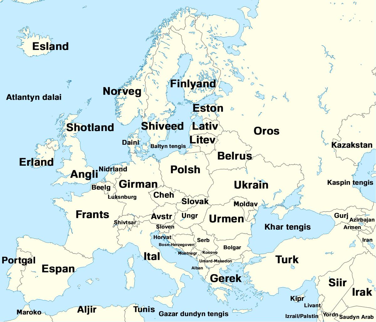 onlmaps's tweet photo. How European countries’ names are said in Mongolian https://t.co/BJCUGsmD6i
