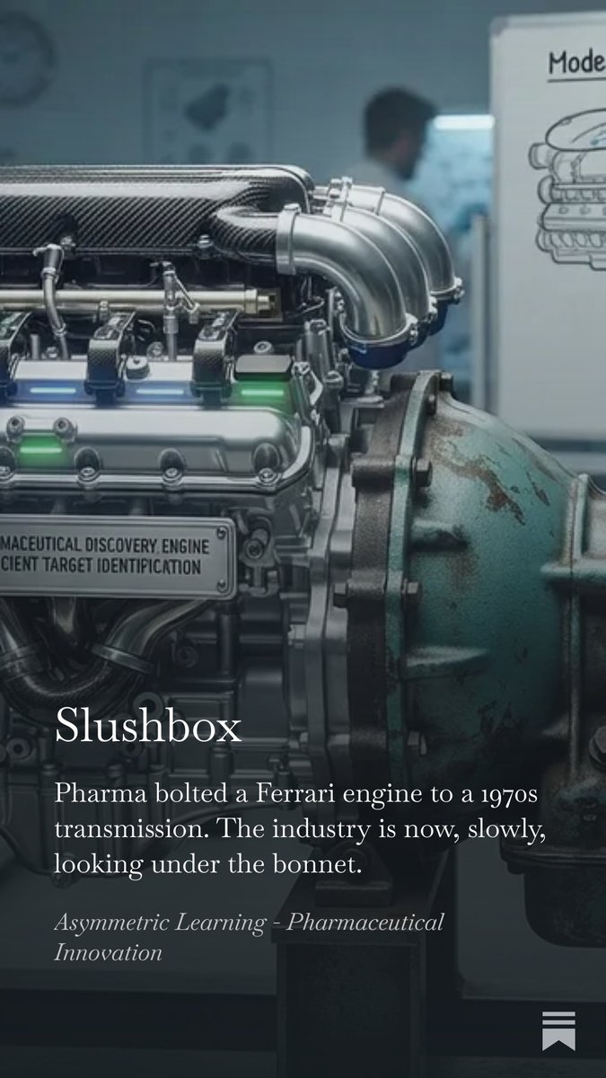 ThenIf_'s tweet photo. Slushbox...
Pharma bolted a Ferrari engine to a 1970s transmission. The industry is now, slowly, looking under the bonnet.
'This is roughly where pharma’s new gearbox sits today. Voucher pilots. An AI reviewer nobody’s quite sure they trust yet. Digital twins doing their first proper trial work. A regulatory pathway invented for exactly one baby. It’s not a finished transmission. It’s 1949. Obesity is carrying the whole “things are improving” headline on its own back...'
https://t.co/OuFgH5nD6S