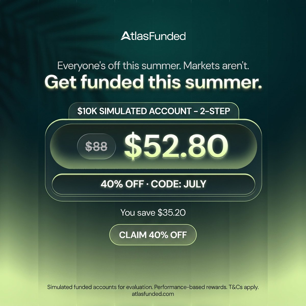 PipsCabal's tweet photo. Most traders wait for the "perfect setup" before they commit to anything,  including funding.

There isn't one. There never is.

$10K account, 2-step evaluation.

 $52.80 instead of $88.

The cost of waiting isn't the $35 you saved.

It's the capital you're not trading with right now.

Use code: JULY at checkout and thank me later.🤝
