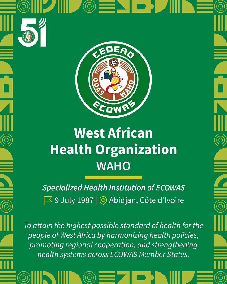 OoasWaho's tweet photo. WAHO, THE HEALTH ARM OF ECOWAS

Thirty-nine years ago, @ecowas_cedeao established the West African Health Organisation (@OOASWAHO) with the ambition to improve the health and well-being of the people of West Africa.

The West African Health Organization (#WAHO), the specialized health institution of #ECOWAS, works with Member States to build stronger health systems, improve healthcare access, and protect over 400 million people across West Africa. 

Together, we are advancing regional health and resilience.

#WAHO #OOAS #ECOWAS #CEDEAO