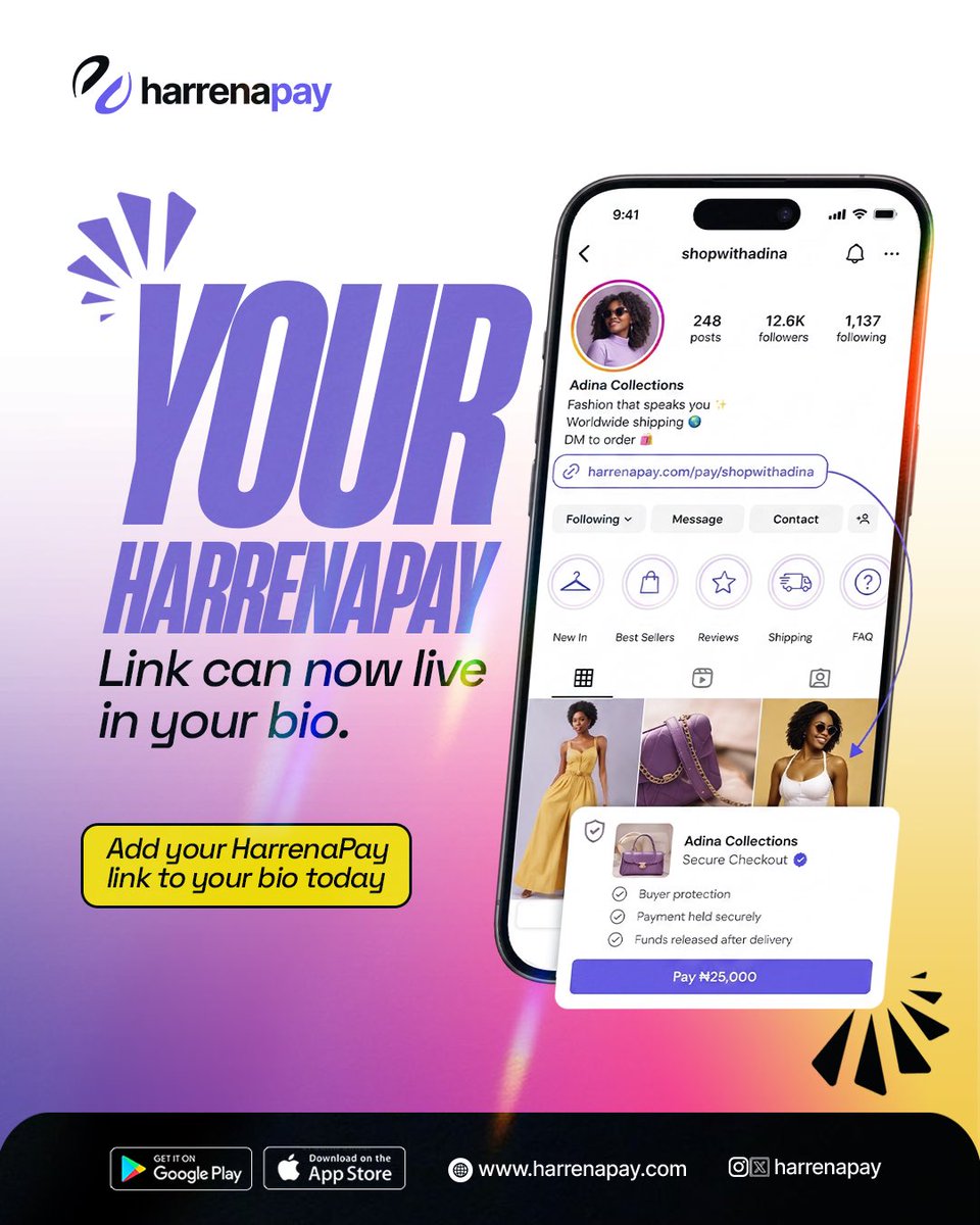 harrenapay's tweet photo. Your bio can do more than share a link.

Add your HarrenaPay payment link and let customers pay securely with escrow protection.

📲 Download HarrenaPay on Google Play or visit https://t.co/cx92eSKqDv

#HarrenaPay #FinTech #Escrow https://t.co/rmilquwElv