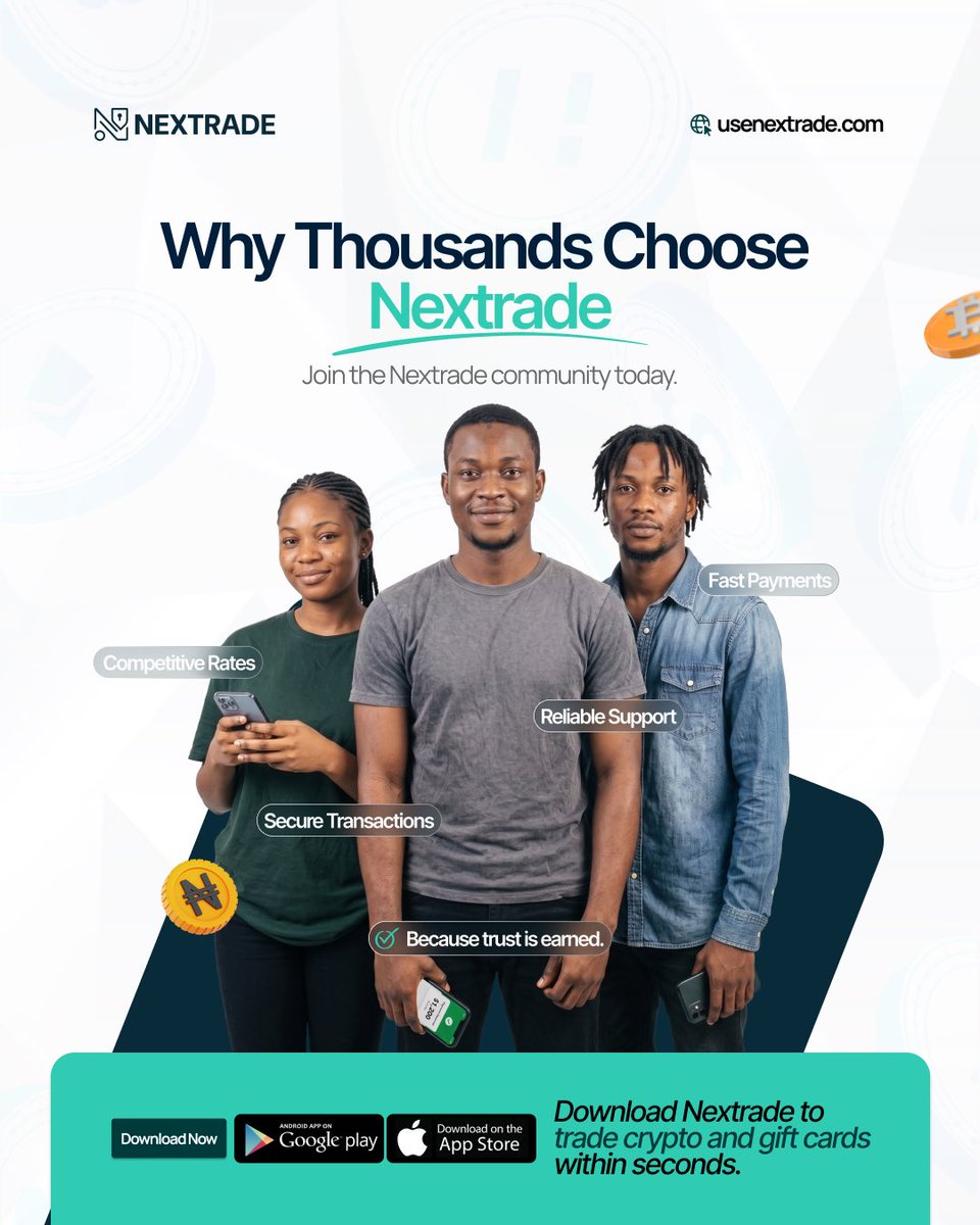 usenextrade's tweet photo. Every transaction is built on trust
That's why we do competitive rates, dependable support, zero stories.
Nextrade experience is seamless every time.
To download Nextrade App
https://t.co/cuvh256ihK - Google Playstore
https://t.co/c4wLsVyp54 - App Store
#nextrade #fintech #trustedplatform #cryptonigeria