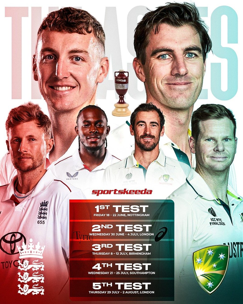 Sportskeeda's tweet photo. 🚨 ASHES 2027 SCHEDULE ANNOUNCED 🚨

ECB has officially announced the schedule for the five-match Ashes Test series between England and Australia. 🔥🏏

#Cricket #Ashes #Test https://t.co/VZs1r5GgqV