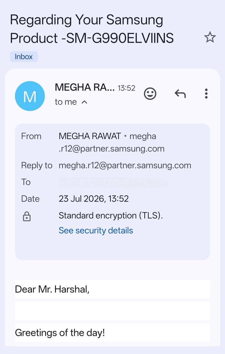 h_baheti's tweet photo. Dear @SamsungIndia @SamsungMobile @samsungmobilemx @SamsungMobileUS
Dear Samsung Customer Support Team,
Thank you for taking the time to review my case and for offering a 50% discount on the repair cost of my Samsung handset (Model: SM-G990ELVIINS) https://t.co/PCYgrlM3Ih