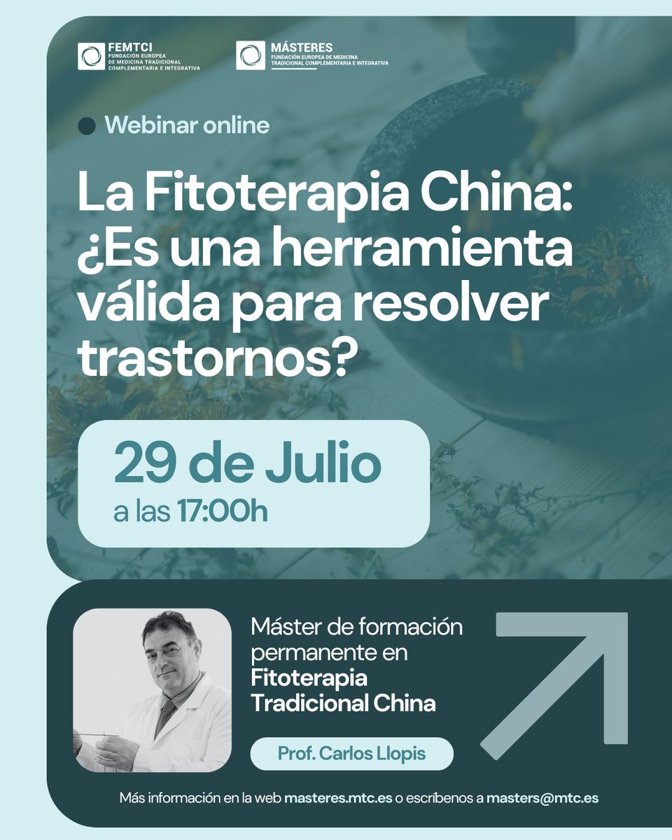 FEMTC's tweet photo. La Fitoterapia China: ¿Es una herramienta válida para resolver trastornos?
Únete al webinar gratuito con el Prof. Dr. Carlos Llopis y descubre sus diferencias con la fitoterapia occidental.
Inscríbete ya: https://t.co/uO8ThaRfXC
⚠️ Plazas limitadas.
#FitoterapiaChina https://t.co/lVFysKhZqW