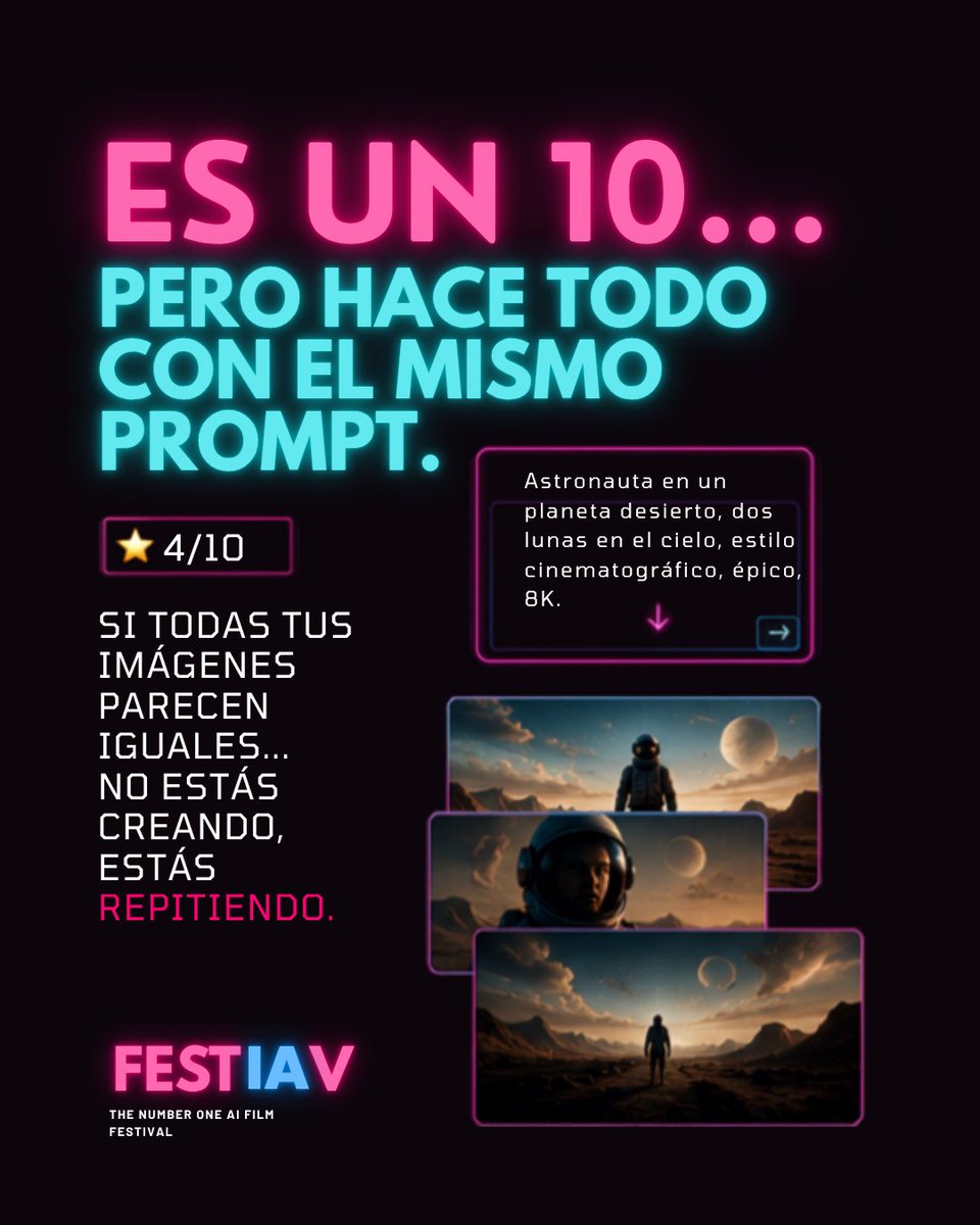 festiav's tweet photo. Es un 10… pero no por usar IA.

❌ Si todas tus imágenes parecen iguales.
❌ Si crees que la IA lo hace todo.
❌ Si descuidas el guion.
La diferencia nunca está en la herramienta. Está en quien la dirige.
🧵👇 https://t.co/JbK7xQcsmn