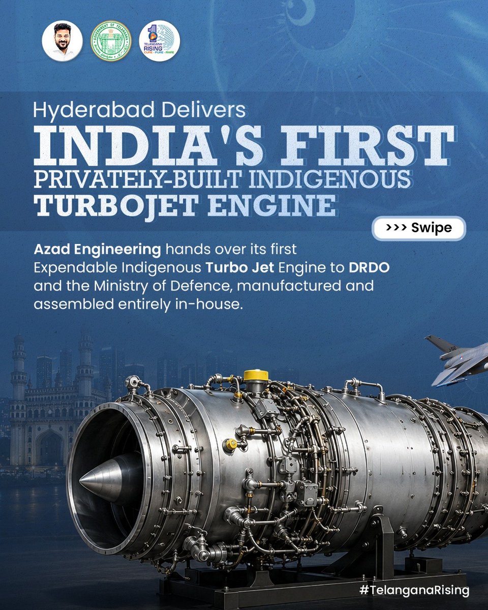 TGRising2047's tweet photo. 🚀 Hyderabad-based Azad Engineering delivers India’s first privately-built indigenous expendable turbojet engine to DRDO.

A major milestone for Telangana’s growing aerospace and defence ecosystem — strengthening India’s journey towards self-reliance in advanced propulsion technology.

#TelanganaRising #Hyderabad #Aerospace #Defence @AzadEngOfficial @DRDO_India