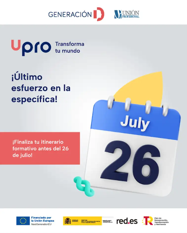 UProfesional's tweet photo. ¡Estás en la recta final! 🏁 No dejes escapar la oportunidad de completar tu formación en #Upro y conseguir tu diploma. 🎓Si estás finalizando tu formación, recuerda que tienes hasta el 26 de julio.⏱️
🔗 https://t.co/IPZEeFm6hy
#NextGenerationEU #PlanDeRecuperación #GeneraciónD https://t.co/NMEB3799SE