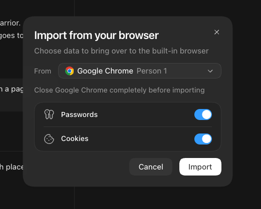 A ChatGPT browser import dialog shows Passwords and Cookies toggled on for a Chrome profile.