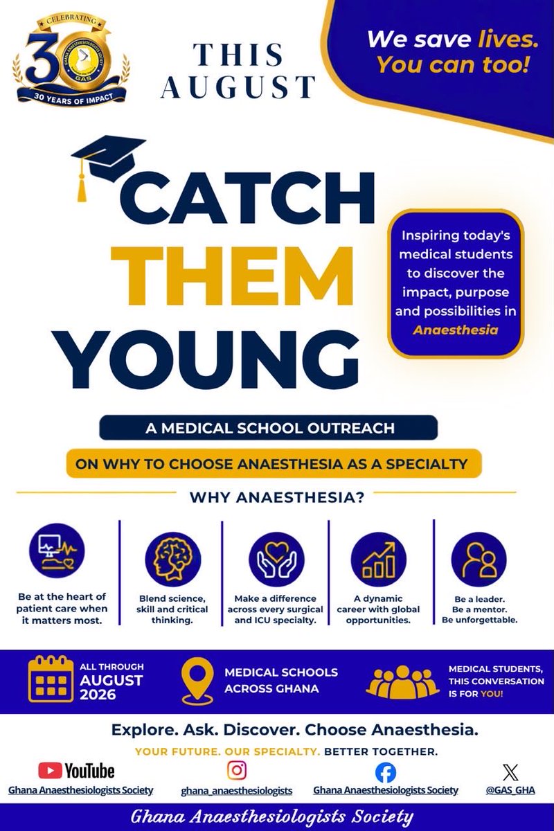 knustmsa's tweet photo. Anaesthesia is more than putting patients to sleep. It’s critical care, physiology, leadership, and life-saving medicine.

Discover the possibilities this August. Your future specialty may be waiting.

#ChooseAnaesthesia #GAS@30 https://t.co/MLx150xiOZ