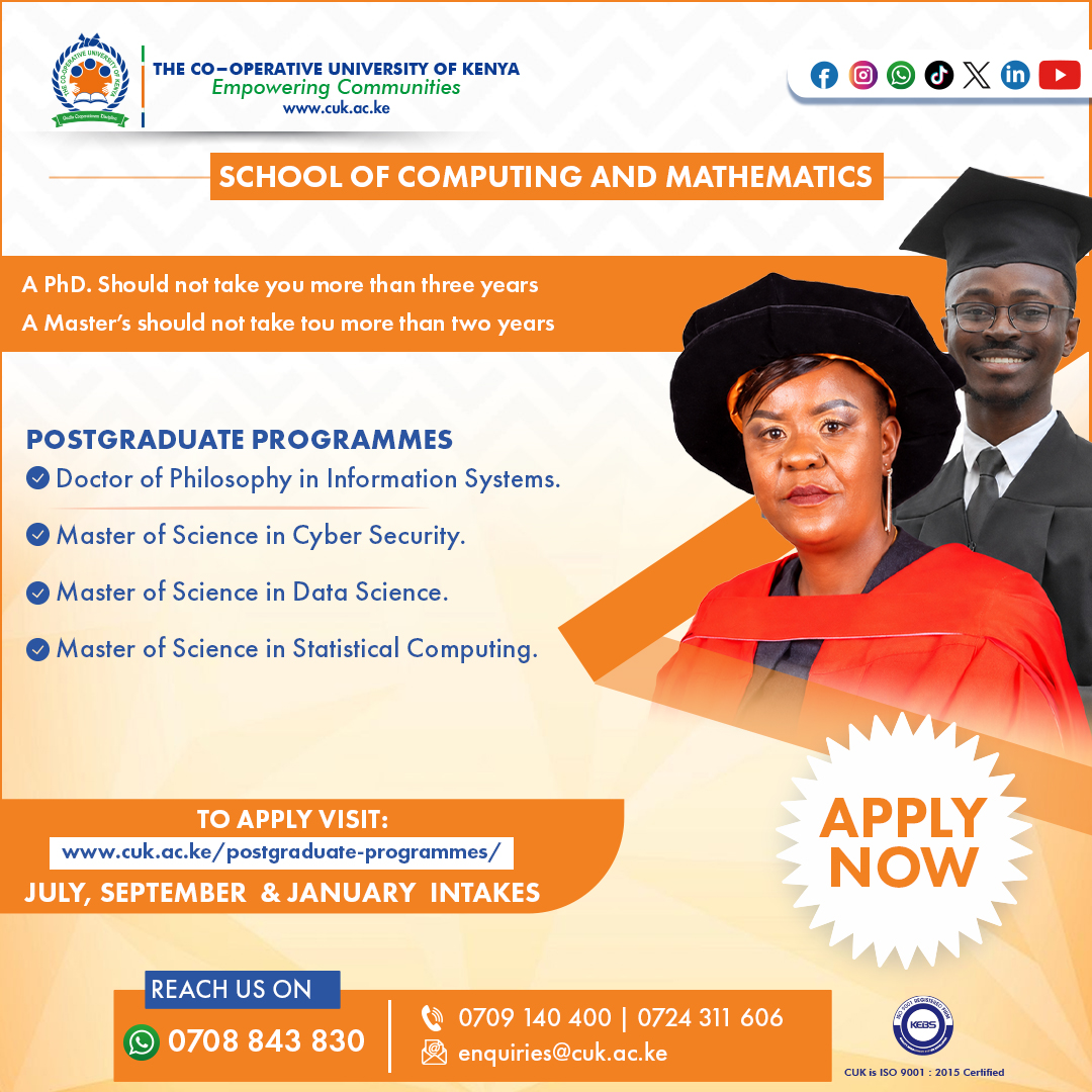 CoopVarsityKE's tweet photo. A PhD should not take you more than three years!
A Master's should not take you more than two years!

Start your postgraduate programme at our School of Cooperative and Community Development, School of Business and Economics and School of Computing and Mathematics this July 2026.