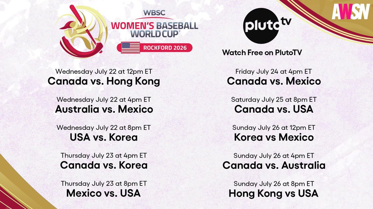 HTParamount's tweet photo. Catch a full week of Women's Baseball World Cup actionโ100% free on @PlutoTVCA ๐จ๐ฆ! Tune into the AWSN Channel to follow international matchups and Team Canadaโs road to the Finals. Check out the complete schedule below!
๐บ https://t.co/gOkFWWsjvQ
#PlutoTVCA https://t.co/ixthpKGnAa