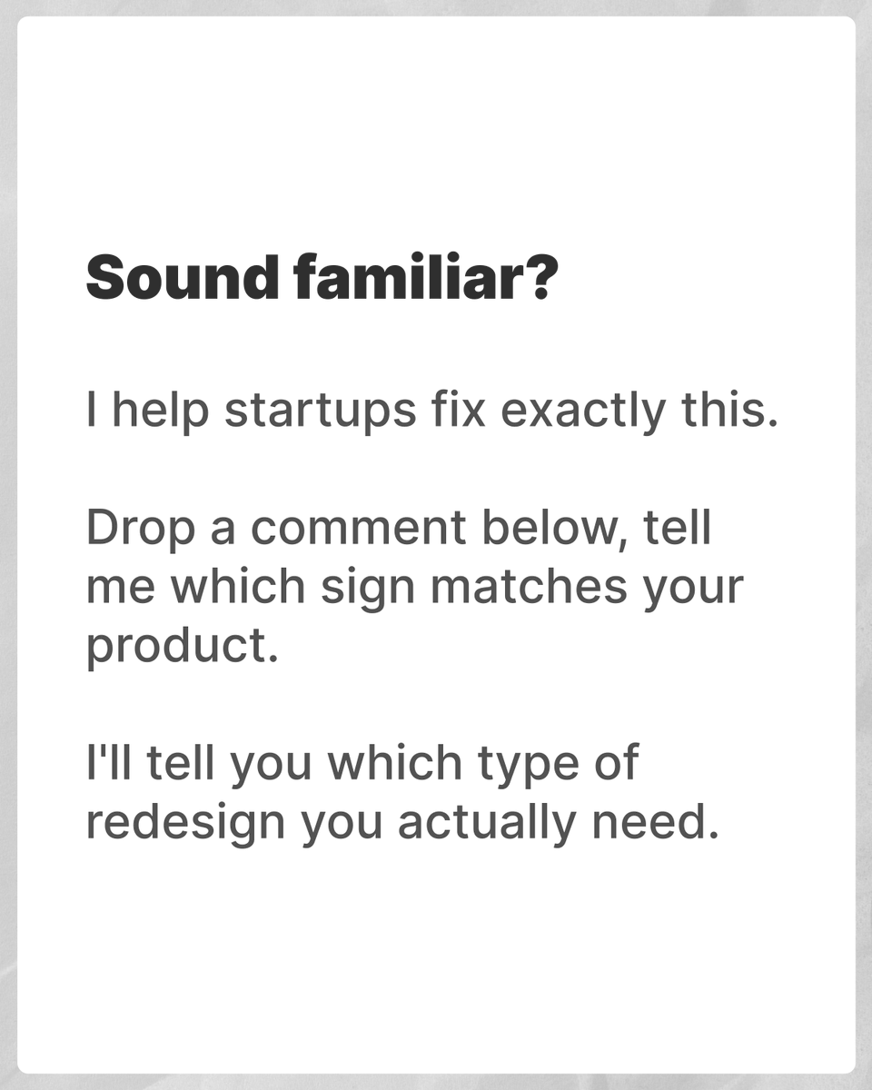 damilare_gideon's tweet photo. Here are the 5 signs I look for. Swipe to see if yours qualifies 👉

If any of these match your product, drop a comment, and I'll tell you which type of redesign you actually need.

#ProductDesign #UXDesign #StartupGrowth #NigeriaStartups https://t.co/ghK9f0C00C