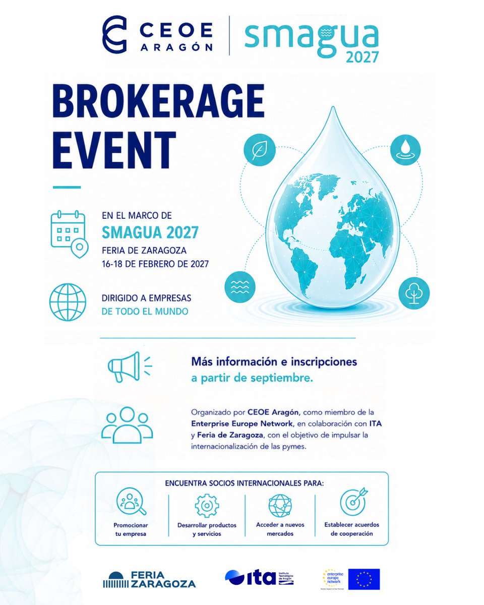 Smagua's tweet photo. ¡Vuelve el Brokerage Event a #SMAGUA2027!

El  encuentro de cooperación empresarial y tecnológica para los sectores del agua, el riego y el medio ambiente, impulsado por CEOE Aragón, como miembro de la Enterprise Europe Network, en colaboración con ITA y Feria de Zaragoza. https://t.co/3J4gd2gK1G