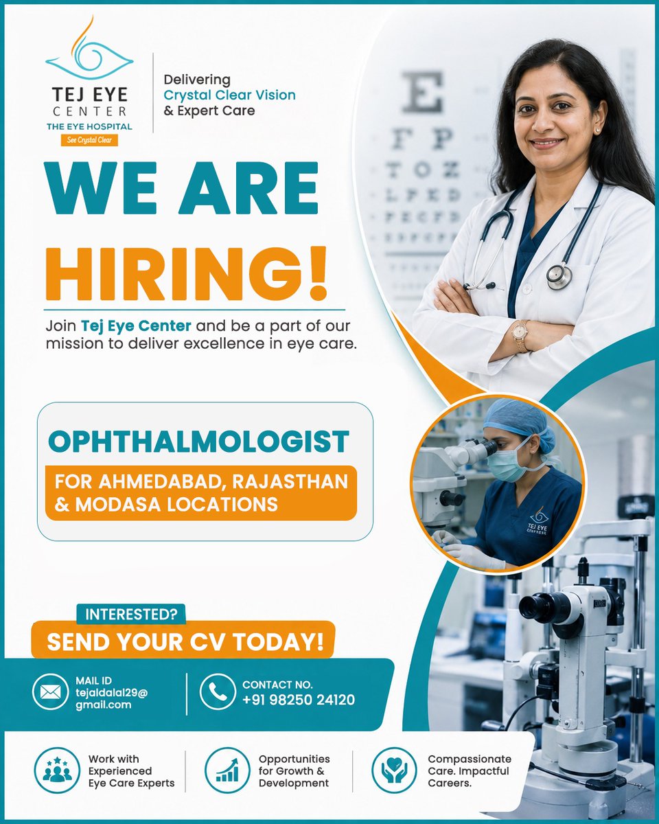 TejEyeCare's tweet photo. We're hiring an Ophthalmologist!

📍 Ahmedabad | Rajasthan | Modasa
📩 tejaldala129@gmail.com
📞 +91 98250 24120
#Hiring #Ophthalmologist #DoctorJobs #EyeCareJobs #TejEyeCenter https://t.co/6Rt8jA939N
