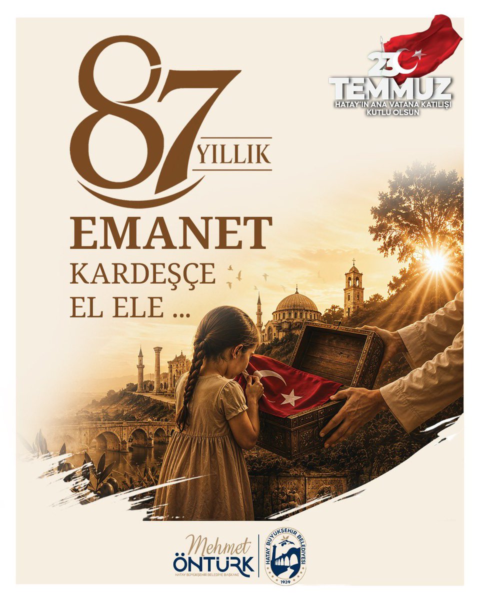 HatayBSB's tweet photo. 87 yıldır aynı emaneti; kardeşliğimizi ve birliğimizi ay yıldızlı bayrağımızın altında hep birlikte yaşatıyoruz.

Gazi Mustafa Kemal Atatürk’ün “Şahsi meselem” diyerek sahip çıktığı Hatay’ı, aynı kararlılıkla geleceğe taşıyoruz.

Ana vatana katılışımızın 87. yılı kutlu olsun. 🇹🇷 https://t.co/VIxQGr80dA
