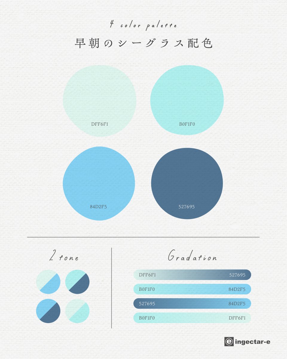 ingectar_design's tweet photo. ⋱ ４色配色パレット🎨 ⋰

海岸で見つけた、光を優しく透過する海の宝石。
凛とした透明感と涼しげなコントラストを纏う
「早朝のシーグラス配色」💎

サマーシーズンのイベント告知バナーなど
涼しくしたいアイキャッチデザインに。

#4_color_palette https://t.co/THFH4qotmk