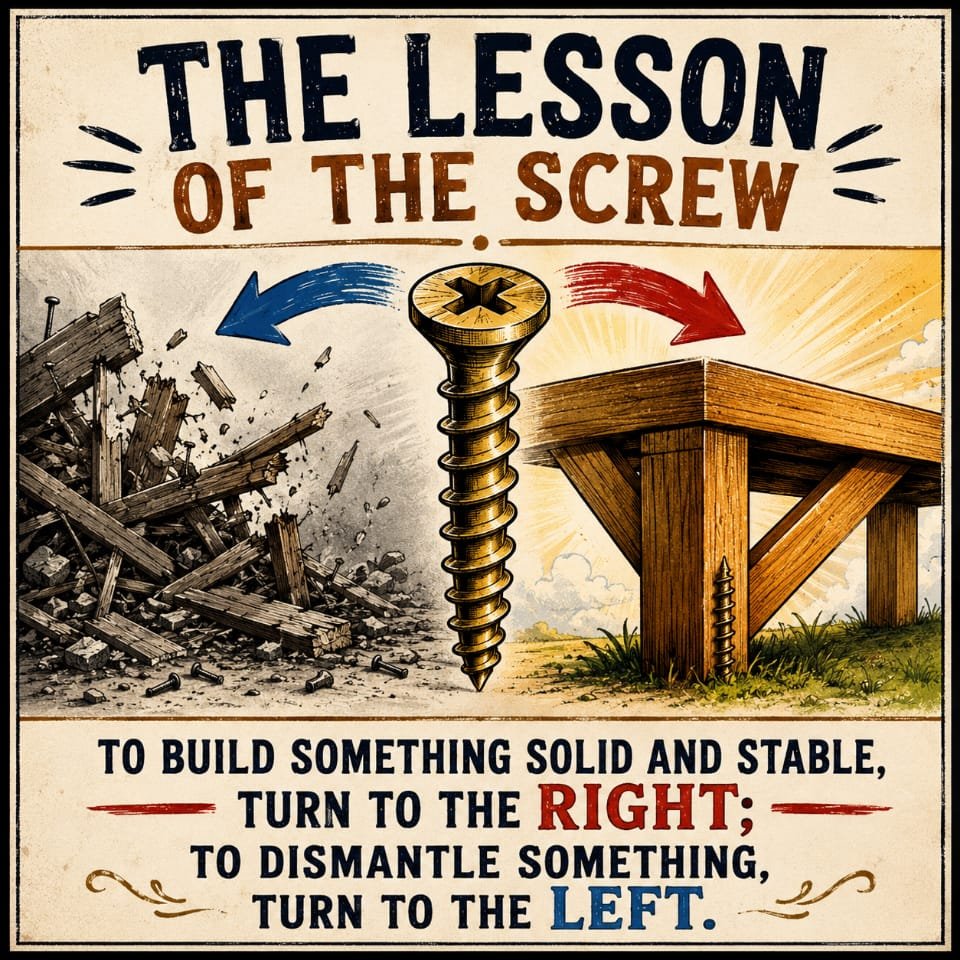 DonnaLouise1212's tweet photo. Turns out the humble screw has been teaching political science all along:

Turn right to build something strong, stable, and lasting.
Turn left to loosen it, dismantle it, and watch it fall apart.

Not everything needs a 500-page policy report. Sometimes the hardware aisle explains it perfectly.