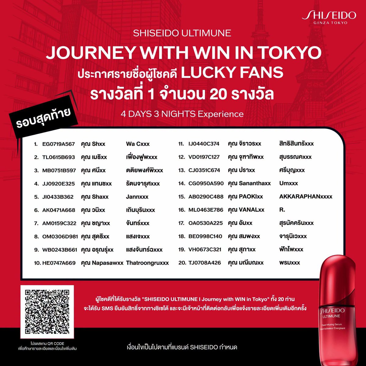 WinmetawinO's tweet photo. Big Congratulations ❤️ SHISEIDO ULTIMUNE | JOURNEY WITH WIN 🎉

ประกาศรายชื่อผู้โชคดี Lucky Fans รอบที่ 3 รางวัลที่ 1🏆สำหรับกิจกรรม SHISEIDO ULTIMUNE | JOURNEY WITH WIN IN TOKYO จำนวน 20 ท่าน 

โดยมีการจับรางวัลผู้โชคดีเมื่อ วันที่ 22 กรกฎาคม 2569 ที่ผ่านมา โดยผู้โชคดีทั้ง 20 ท่าน จะได้เข้าร่วมกิจกรรม SHISEIDO ULTIMUNE | JOURNEY WITH WIN IN TOKYO

สำหรับผู้โชคดีทั้ง 20 ท่าน จะได้รับ SMS ยืนยัน ตามหมายเลขโทรศัพท์ที่ท่านได้ลงทะเบียนผ่านทาง https://t.co/1FK2Nk20Pd เพื่อแจ้งรายละเอียดและยืนยันสิทธิ์ในการเข้าร่วมกิจกรรมดังกล่าว

*ทั้งนี้ รายละเอียดเพิ่มเติม อาทิ สถานที่และเวลา ทางชิเซโด้จะขอเรียนแจ้งให้ทราบอีกครั้งในลำดับถัดไป
*เงื่อนไขเป็นไปตามที่บริษัทฯ กำหนด
ศึกษาเงื่อนไขเพิ่มเติมได้ที่ https://t.co/teT8RXG3Ws

#ULTIMUNE #JourneywithWIN #ShiseidoUltimune #ShiseidoThailand 
#winmetawin