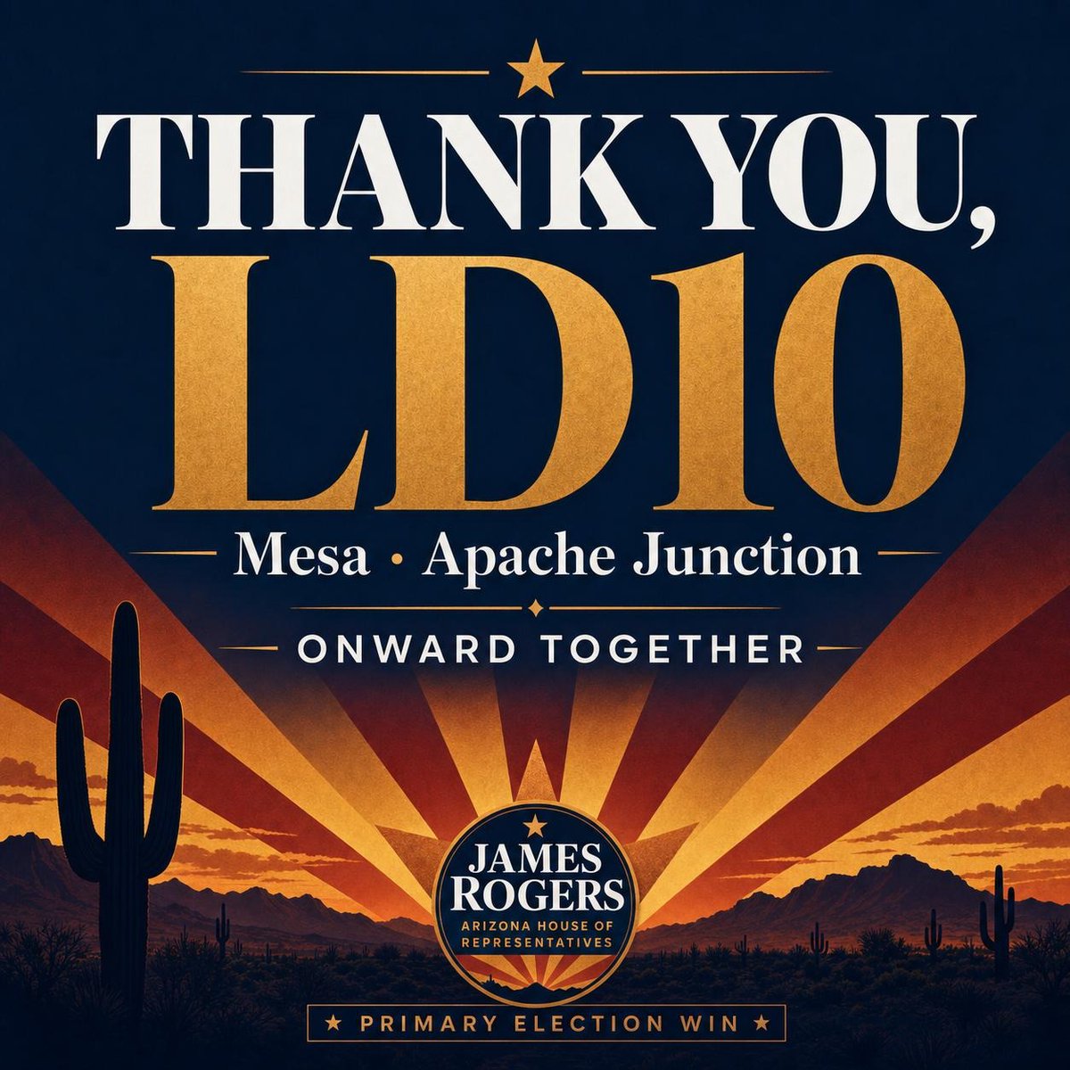 JamesRogersAZ's tweet photo. LD10 Republicans, thank you for entrusting Justin Olson and me to represent you.

This win belongs to every volunteer who knocked doors, made calls, sent texts, put up signs, and prayed for this campaign. Your hands and your hearts carried us here. Thank you.

To @Ciara2A, Ciara Anderson: thank you for a hard-fought race and for your gracious concession tonight.

Now the real work begins. I am committed to representing every family in LD10, not just those who voted for us. And this fall, we're going to work hard to earn every vote and help elect Andy Biggs as Arizona's next governor. Onward!
