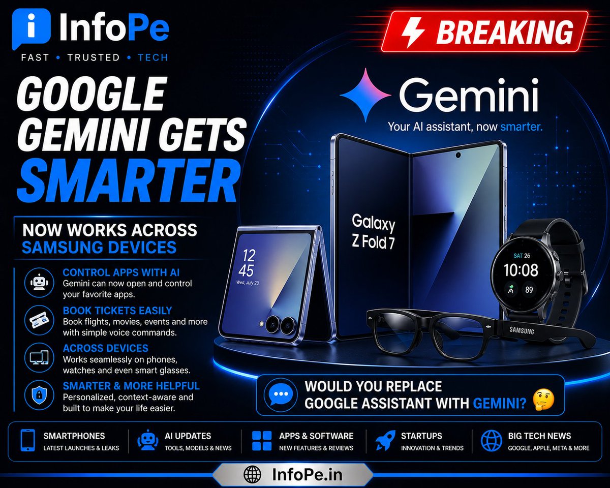 infopenews's tweet photo. 🚨 Google Gemini is getting even smarter on Samsung devices.
🤖 Control apps with AI 🎟️ Book tickets ⌚ Works across phones, watches &amp; smart glasses
Google is making Gemini a true AI assistant.
Would you replace Google Assistant with Gemini?
#Google #Gemini #Samsung https://t.co/kvVzw9IUl4