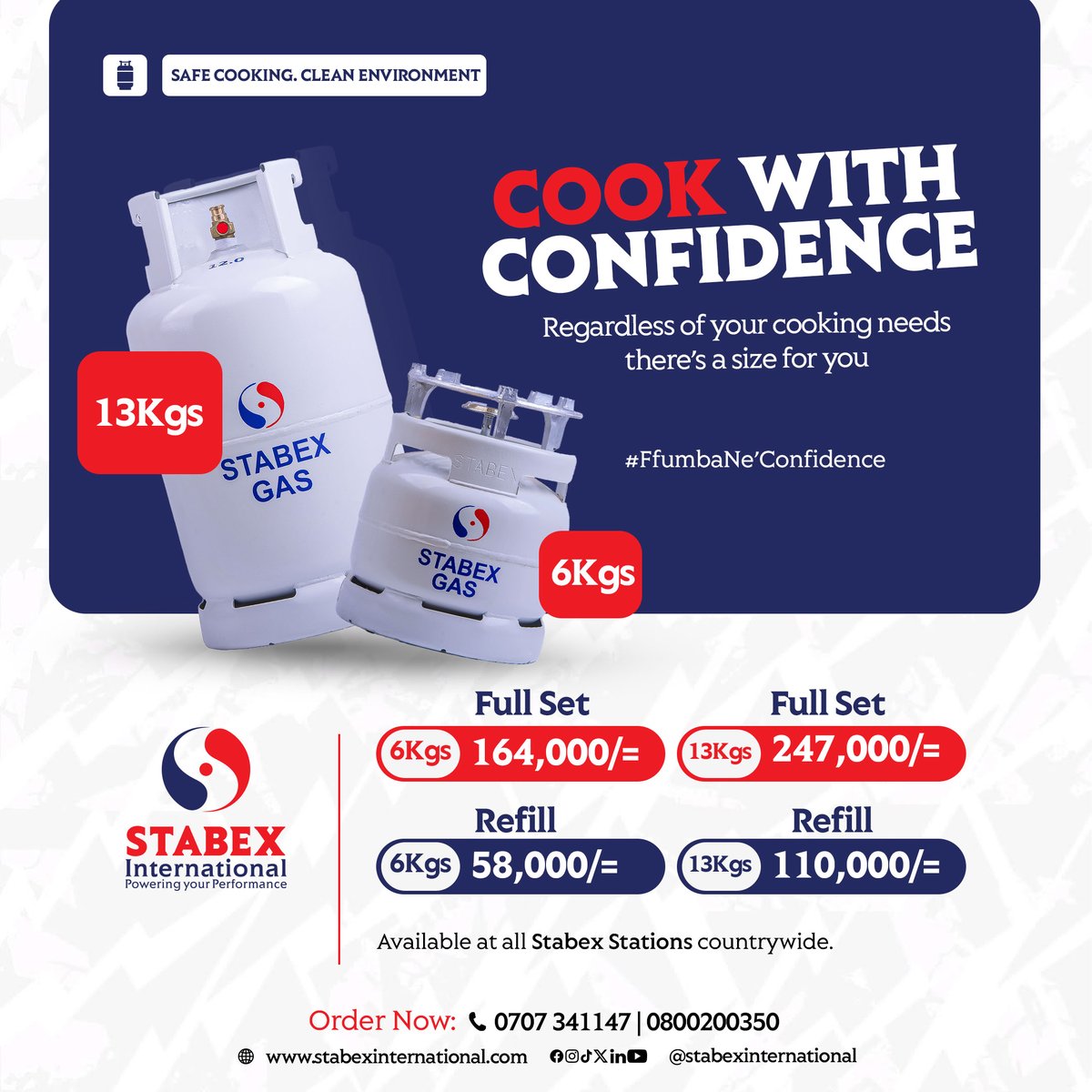 Stabex_Ug's tweet photo. Cook with confidence.
Whether you’re cooking for yourself or preparing meals for your family, Stabex Gas has the right cylinder size to suit your needs. 

Order today 📞 0707 341147 / 0800 200350 or visit your nearest Stabex Station. 
Follow Us for Stabex Updates