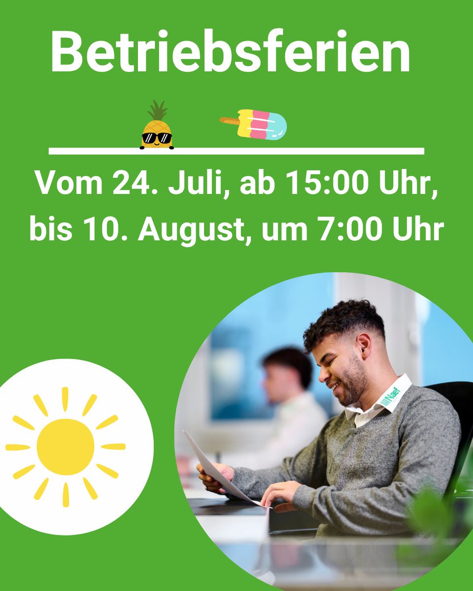 naefgroup's tweet photo. ☀️ Sommerpause bei der Naef GROUP ☀️ 
Unser Büro macht Ferien – vom 24. Juli ab 15:00 Uhr bis am 10. August um 07:00 Uhr bleibt es geschlossen. 🔑 Die geplanten Sanierungen gehen selbstverständlich wie gewohnt weiter. 🛠️💪 Unser Büro bleibt während der Betriebsferien geschlossen. Wir wünschen Ihnen einen sonnigen Sommer, erholsame Ferientage und eine schöne Zeit . 🌿☀️ Wir freuen uns, Sie ab dem 10. August wieder mit frischer Energie begrüssen zu dürfen! 
Ihre Naef GROUP #NaefGroup #Sommerpause #Betriebsferien #Sanierung #Immobilien