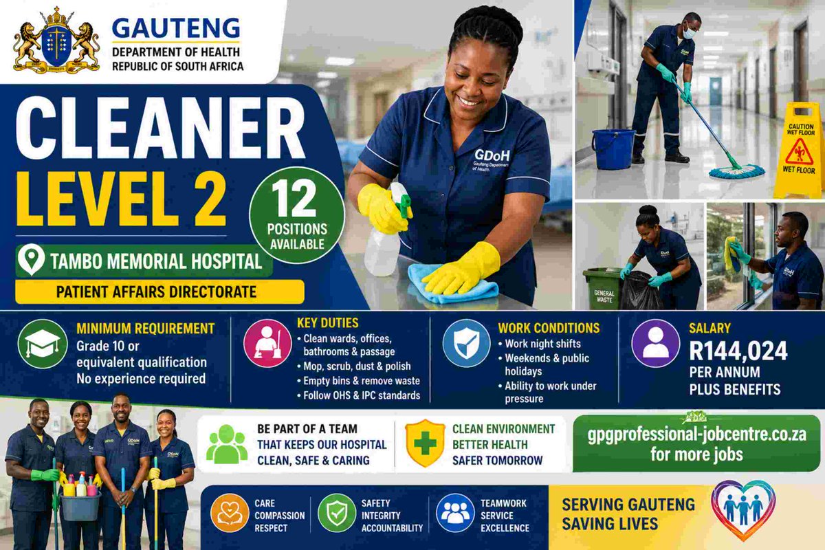 GPGVACANCIES's tweet photo. JOB ALERT: The Gauteng Dept of Health is hiring 12 Cleaners at Tambo Memorial Hospital! 

💼 Permanent position 
💰 R144,024 p/a + benefits 🎓 Min. Grade 10 | No experience needed
📅 Closes: 05 Aug 2026

Apply: https://t.co/69AFGDcHbJ

#GautengJobs #SAJobs #JobOpportunity #GPG https://t.co/wI42X0QPvt