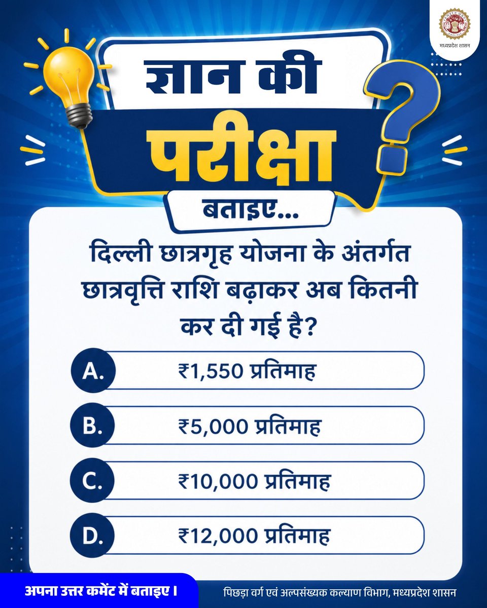 MinBMDDmp's tweet photo. #ज्ञान_की_परीक्षा

बताइए...

दिल्ली छात्रगृह योजना के अंतर्गत छात्रवृत्ति राशि बढ़ाकर अब कितनी कर दी गई है?

अपना उत्तर कमेंट में बताइए।

@DrMohanYadav51 
@CMMadhyaPradesh 
@KrishnaGaurBJP 

#BCMDMP 
#JansamparkMP https://t.co/iAj8ZnSMCd