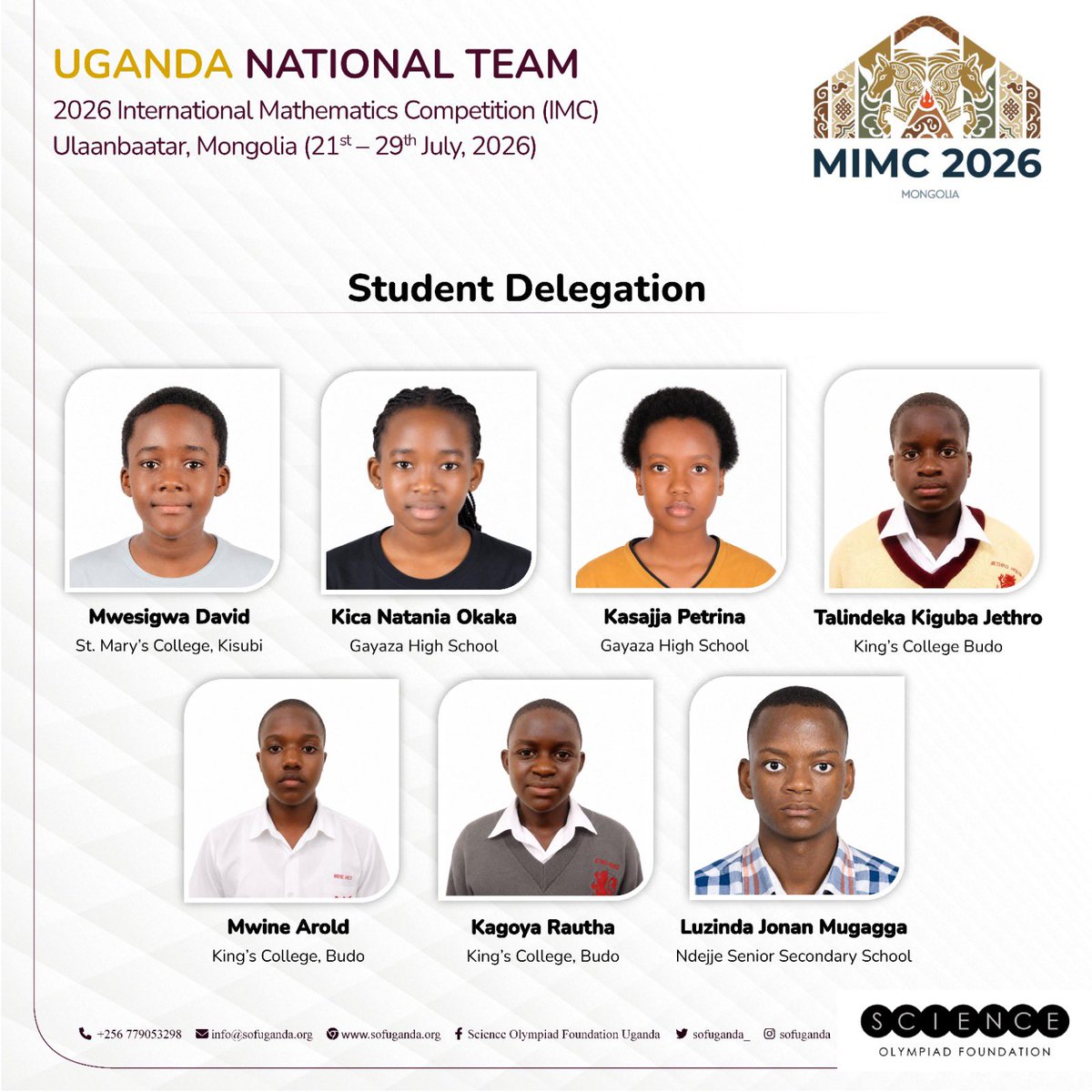 Snduhukire's tweet photo. Proud of my little brother, Carnegie Nuwagaba (far left) from Uganda Martyrs Namugongo @UMNamugongo, and the entire Ugandan team representing our country at the International Mathematical Olympiad in Mongolia.

Wishing you all the very best as you fly Uganda’s flag high. Make us proud! 🇺🇬 @newvisionwire @nbstv