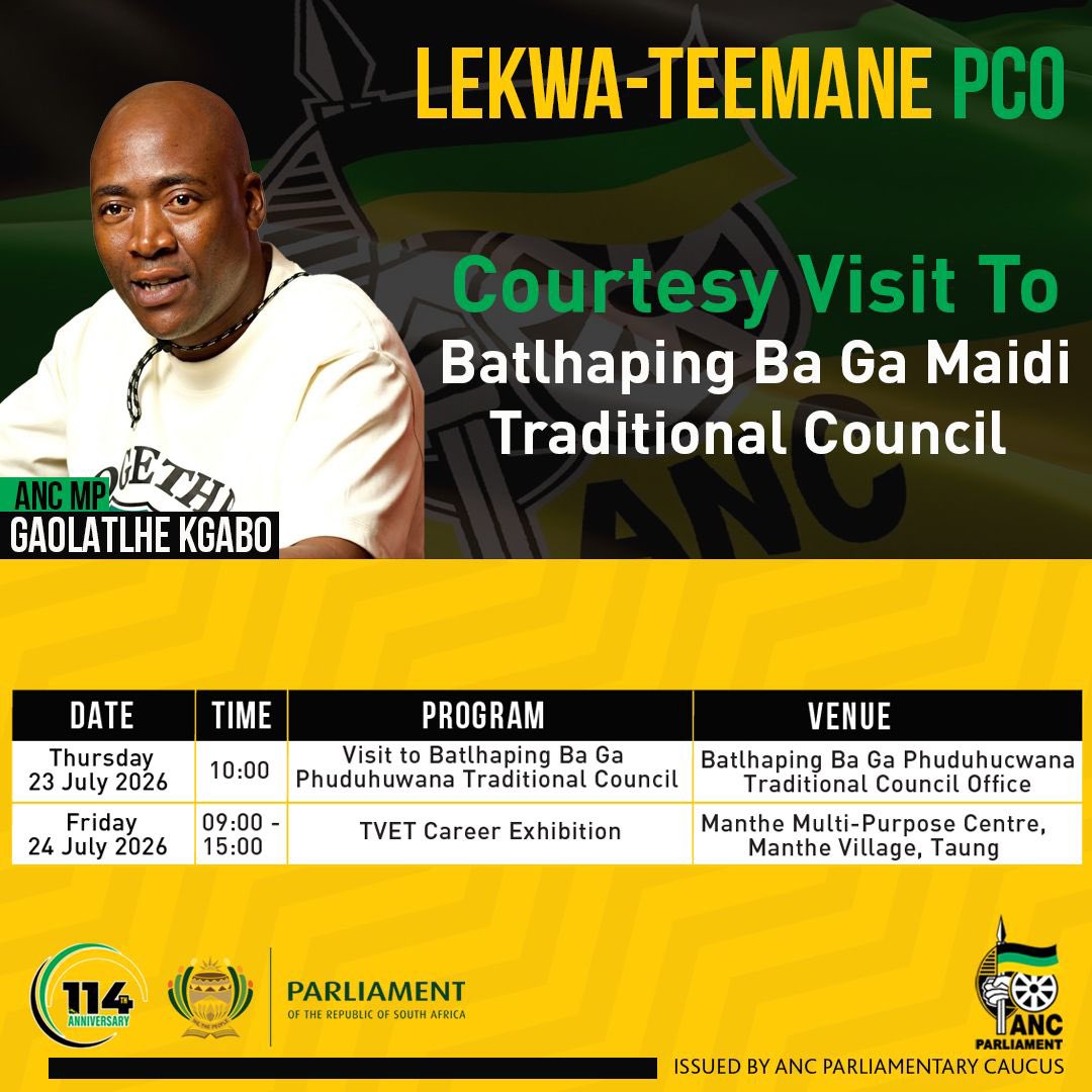 ANCParliament's tweet photo. ANC MP, Cde Gaolatlhe Kgabo, is set to pay a courtesy visit to Batlhaping Ba Ga Phuduhuwana Traditional Council today. 
On Friday, the MP will lead a career exhibition and voter registration at Manthe Multipurpose Centre in Taung.

#RegisterToVoteANC 
#ANCatWork https://t.co/4KW9J0oipY