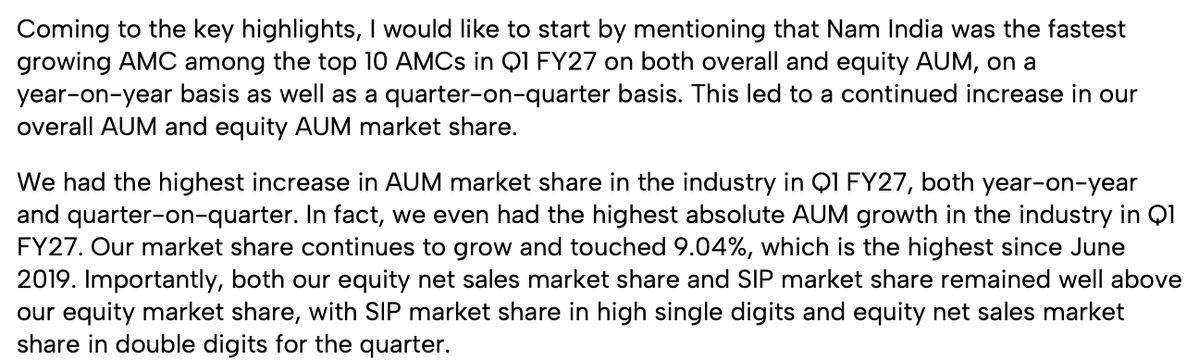 soicfinance's tweet photo. Nippon had the highest AUM growth in Q1FY27 amongst all the major AMCs.

Interesting concall snippet below https://t.co/MBHHp8ymZ9