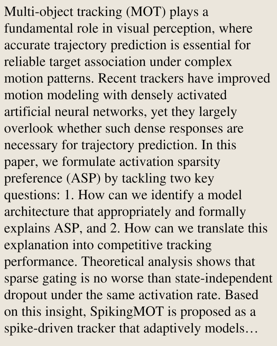 TAL's tweet photo. SpikingMOT: A Spike-Driven Multi-Object Tracker

Yiding Sun, Xiangyang Yang, Dongxu Zhang, Qirui Wang, Zijie Xu, Wenxuan Liu, Shuiwang Li, Jihua Zhu, Zhaofei Yu, Tiejun Huang
https://t.co/7OOPdpBxRK [𝚌𝚜.𝙽𝙴] https://t.co/yvnC8tUmgO