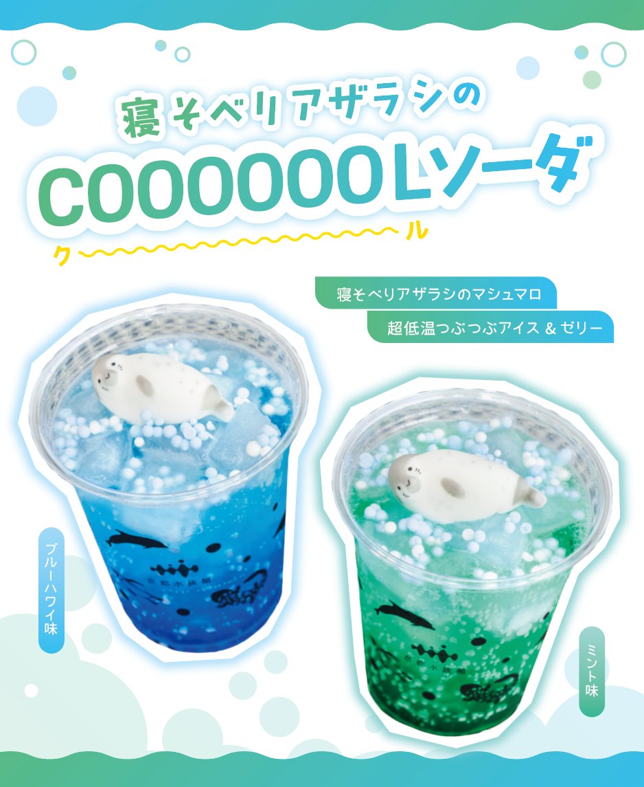 Kyoto_Aquarium's tweet photo. 🦭✨「アザラシCOOOOOOL!!」限定ドリンク✨🦭

青い海を再現したようなソーダの上に、岩場に寝そべるアザラシがちょこん。

ブルーハワイ味とミント味をご用意🥺💙
アザラシたちに癒やされながら、クールなひとときを過ごしてみては？
（なくなり次第終了です） https://t.co/6iWTfcPzEi