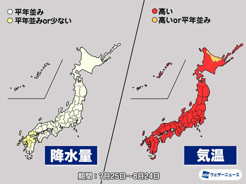 wni_jp's tweet photo. ＜気象庁1か月予報＞
7月23日(木)、気象庁は7月25日から8月24日までの1か月予報を発表しました。8月上旬は太平洋高気圧が勢力を強め、全国的に厳しい暑さが予想されます。
日本の南の海上では台風が発生しやすくなる見通しで、動向に注意が必要です。
https://t.co/HZRuWRlfa4 https://t.co/0PFmlp8mvg