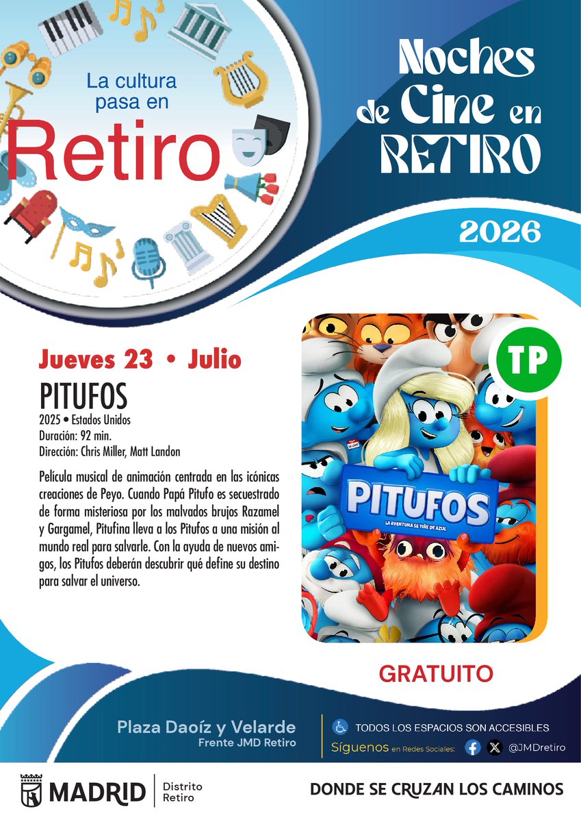 JMDretiro's tweet photo. 📽 El cine de verano llega a #distritoRetiro con las mejores películas. Esta semana proyección de :

🎞 Pitufos 📆Jueves 23 ⏰ 22 h 📍Daoíz y Velarde
🎫 Entrada libre hasta completar aforo

https://t.co/xU3Xvmcujr https://t.co/oGXoJ6ukVa
