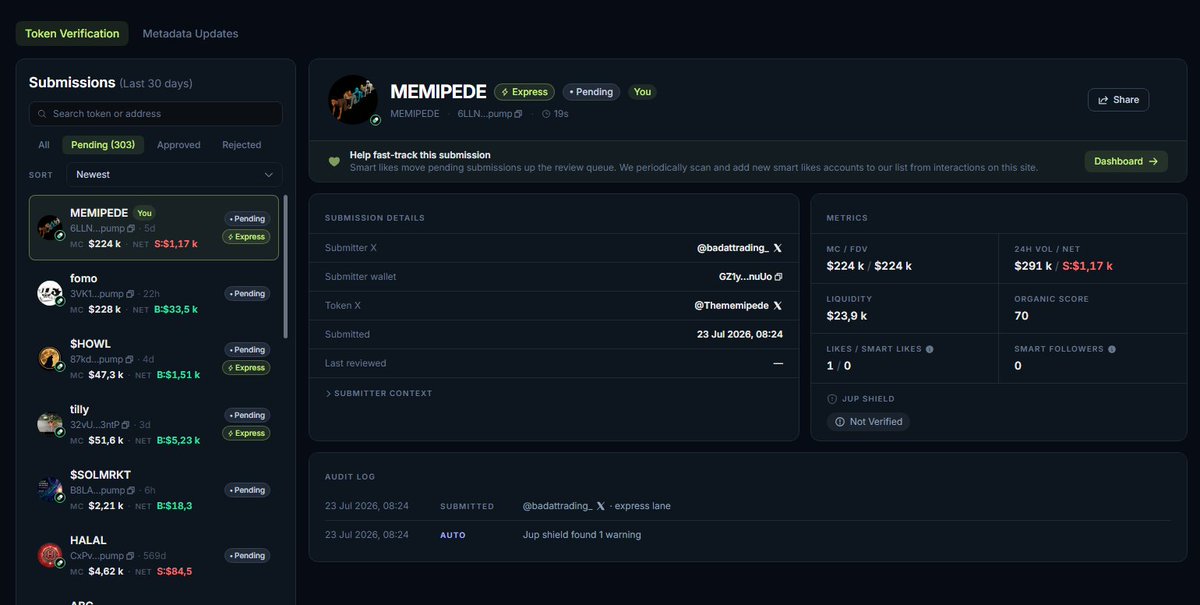 badattrading_'s tweet photo. Submitted the $MEMIPEDE for a jups review !

It would be great to support the official X account and join the community as well to boost our case. More followers more chances. If you're part of it and haven't done it yet please do so now. https://t.co/u9le6IzfTc