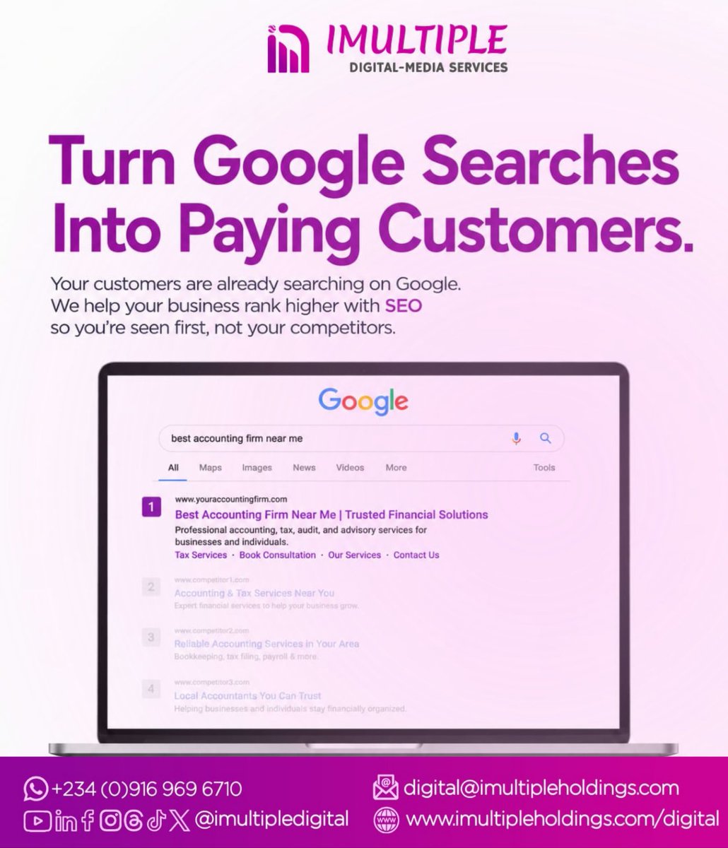 imultipledms's tweet photo. A quick challenge: Go ahead and search for your business on Google. If you're not on the first page, you're leaving opportunities on the table.

That's where iMultiple Digital comes in. We help businesses improve their visibility through SEO, so your website appears for clients. https://t.co/B525tYRw0P