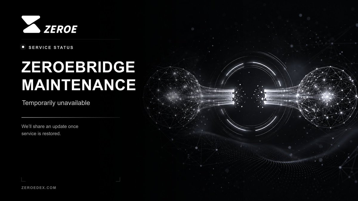 Zeroe_DEX's tweet photo. ⚠️ ZeroeBridge Maintenance Notice

ZeroeBridge is temporarily unavailable while we perform maintenance. Please avoid using the bridge until service is restored.

We’ll share an update once maintenance is complete. Thank you for your patience.

#ZEroeDEX #ZE #TBCChain https://t.co/ocFVOnowcO