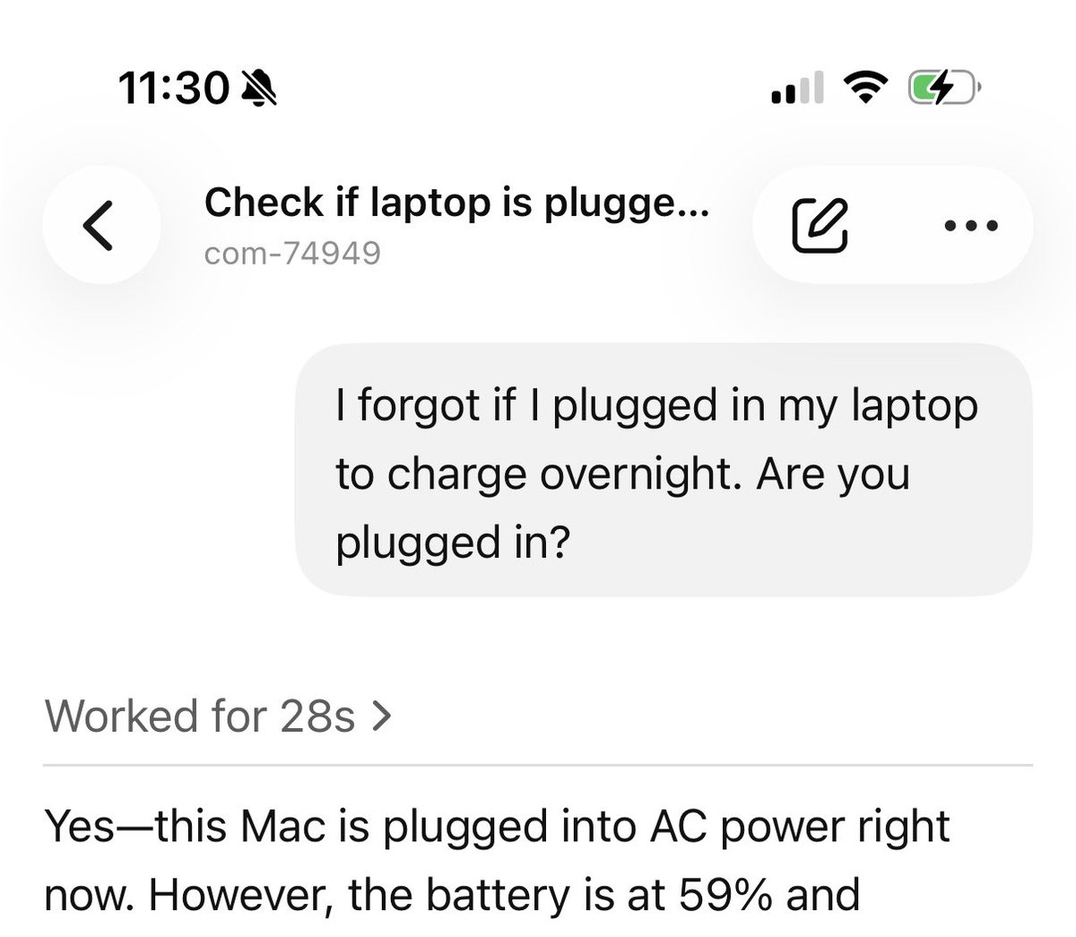 coreyching's tweet photo. already in bed. couldn’t remember if my laptop was plugged in.
asked codex.
good night https://t.co/aFB56IHpkI