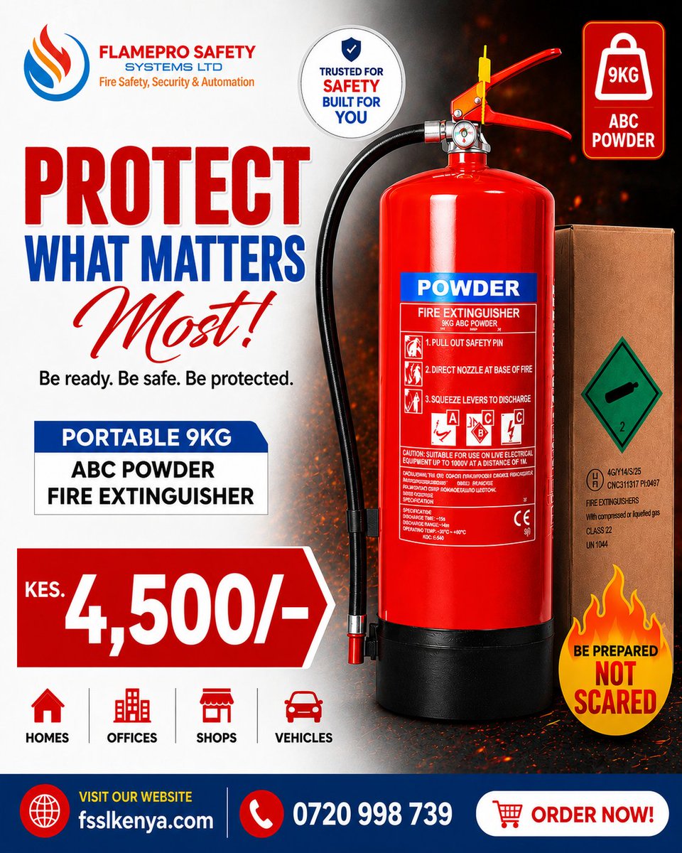 OfficialFssl's tweet photo. 🔥 Protect What Matters Most. Before an emergency happens, be prepared.

Get your Portable 9KG ABC Powder Fire Extinguisher for only KES 4,500 and safeguard your home, office, shop, or vehicle with reliable fire protection.

✅ Suitable for Class A, B &amp; C fires https://t.co/HMJ53GanaZ