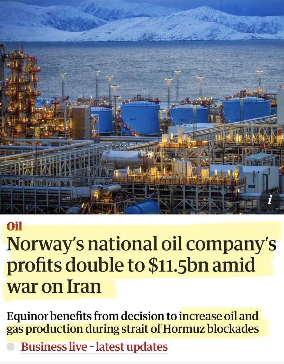 Artemisfornow's tweet photo. Brilliant! Norway’s state controlled energy company which has reported $11.5 BILLION in earnings in 3 months.

Thats the kind of wealth Mad Ed decided Britain shouldn’t bother with.

And £ Billions more in lost production, jobs, tax revenue and energy security.

That money could have helped fund defence instead of enriching another country. Shh …. We’re saving the planet though  🤡