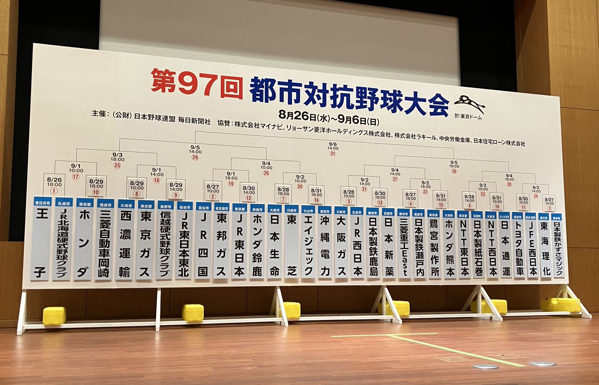 Honda_bb1960's tweet photo. 【都市対抗 組み合わせ決定】

第97回 #都市対抗野球 大会の組み合わせが決定しました！

＜1回戦＞
📅8月29日(土)18:00開始
🆚岡崎市・三菱自動車岡崎
🏟️東京ドーム

6年ぶり4度目の優勝を目指して一戦必勝で戦います！
力強いご声援をお願いします🔥

#Honda硬式野球部 https://t.co/dxRmv9rJnD