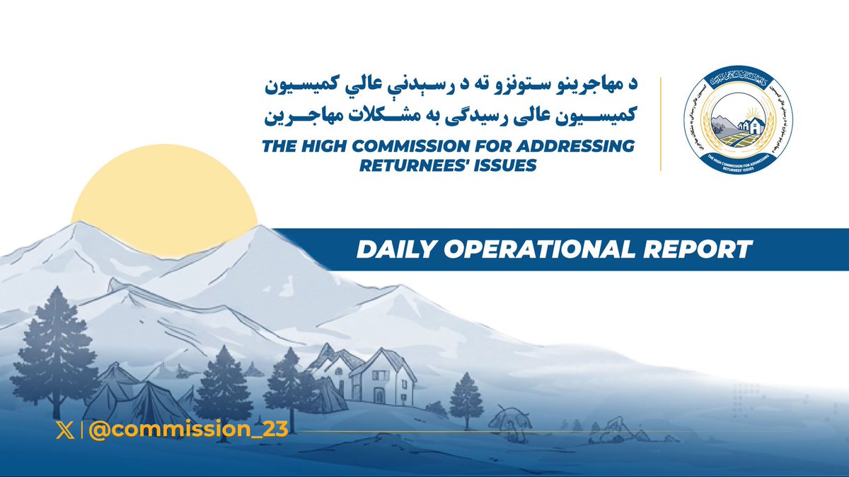 FitratHamd's tweet photo. Secretariat of the High Commission for Addressing Returnees’ Issues

Daily Operational Report

July 22, 2026

Afghan returnees who were forcibly repatriated through various entry points received essential services in the areas of registration, transportation, financial assistance, healthcare, and public awareness.

Nangarhar – Torkham (Durand Line)

Registration, Verification, and Reception Committee: A total of 482 families, comprising 2,841 individuals, returned to the country through the Torkham crossing and were registered.

Transport and Relocation Committee: A total of 455 families, comprising 2,527 individuals, were transferred from Torkham to Nangarhar, Kunar, Laghman, and Kabul provinces. An amount of AFN 1,779,190 was disbursed to cover transportation costs.

Financial Affairs Management Committee: 
Financial assistance totaling AFN 4,702,000 was provided to 567 families.

Services and Health Affairs Committee: 
At Omari Camp, returnees received healthcare and telecommunications services, including the distribution of 543 SIM cards with active service packages.

Information and Public Awareness Committee: 
Returnees were provided with public awareness regarding registration, transportation, financial assistance, temporary accommodation, and other related matters.

Kandahar – Spin Boldak (Durand Line)

Registration, Verification, and Reception Committee: A total of 49 families, comprising 274 individuals, returned to the country through the Spin Boldak crossing and were registered.

Transport and Relocation Committee: A total of 33 families, comprising 190 individuals, were transferred to various provinces. An amount of AFN 489,600 was disbursed to cover transportation costs.

Financial Affairs Management Committee: 
Financial assistance totaling AFN 426,000 was provided to 49 families.

Services and Health Affairs Committee: 
Returnees received food, healthcare, and telecommunications services, including the distribution of 960 meals and 44 SIM cards.

Herat – Islam Qala

Registration, Verification, and Reception Committee: 
A total of 20 families, comprising 71 individuals, returned to the country through the Islam Qala crossing and were registered.

Financial Affairs Management Committee: 
Financial assistance totaling AFN 144,000 was provided to 20 families.

Nimroz – Silk Bridge Crossing

Registration, Verification, and Reception Committee: 
A total of 48 families, comprising 204 individuals, returned to the country through the Silk Bridge crossing and were registered. In addition, 1,002 passengers also returned to the country.

Financial Affairs Management Committee: 
Financial assistance totaling AFN 20,000 was provided to 3 families.

Services and Health Affairs Committee:
 A total of 611 individuals received healthcare services, and 3 SIM cards were distributed.

Information and Public Awareness Committee: 
Returnees were provided with public awareness regarding services, assistance, and other related matters.

Kabul

A total of 95 families, comprising 507 individuals, were transferred from Kabul to various provinces. An amount of AFN 398,400 was disbursed to cover transportation costs.

Overall Figures

1. Registered returnees: 599 families (3,390 individuals)
2. Relocated returnees: 583 families (3,224 individuals)
3. Families receiving financial assistance: 639
4. SIM cards distributed: 590

Secretariat of the High Commission for Addressing Returnees’ Issues